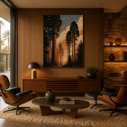 Giant Sequoia Trees at Sunset wall art print, alternate room view