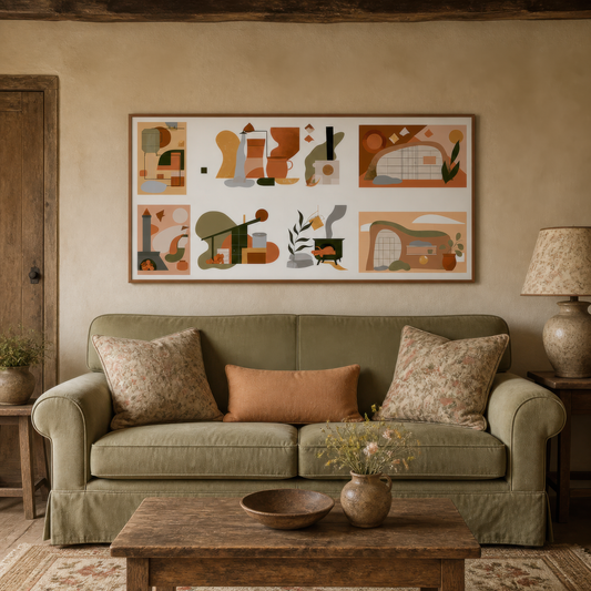 Terracotta geometric collage above an olive green sofa with rust and floral pillows