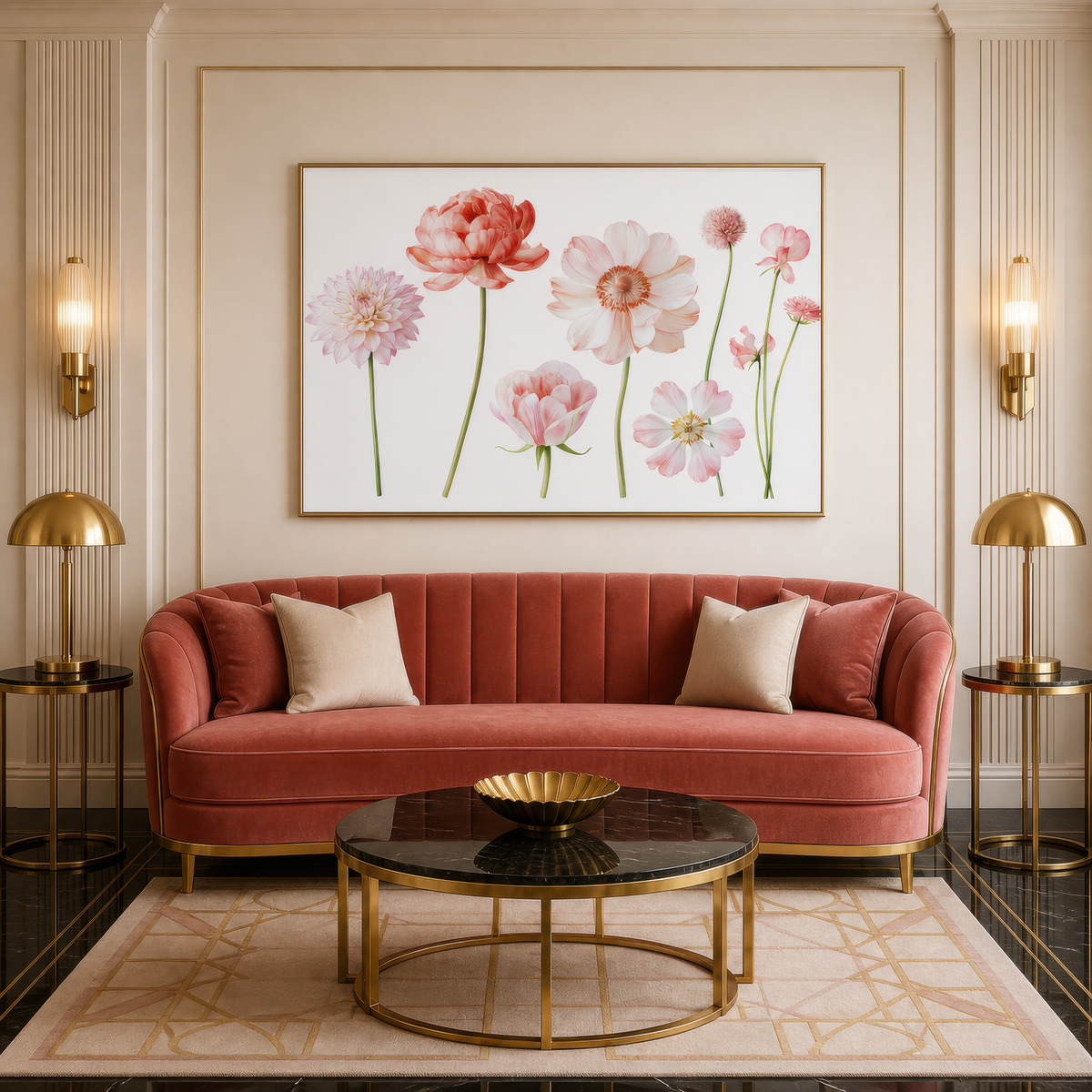 Pink Blooms in a Row wall art print staged in a room