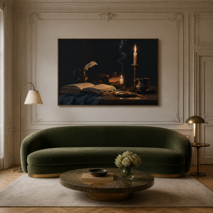 Brass and ink above a dark green curved velvet sofa with a round brass coffee table
