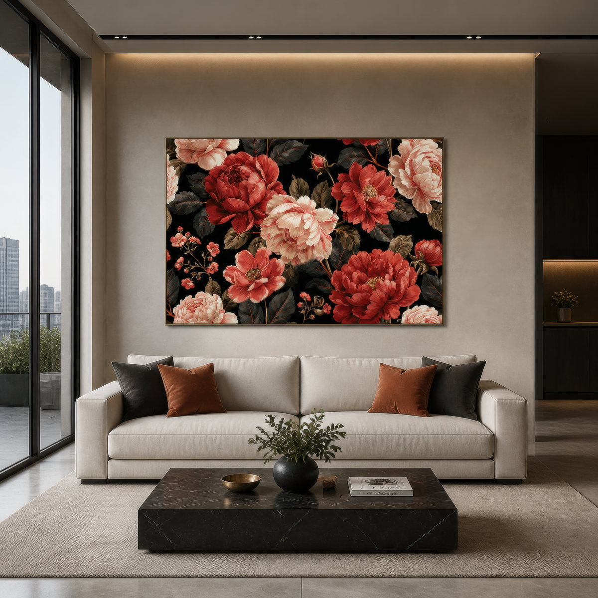 Dark Peony Pattern on Black – Watercolor Floral Wall Art