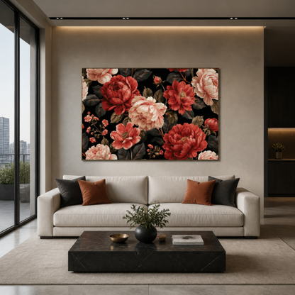 Dark Peony Pattern on Black wall art print staged in a room