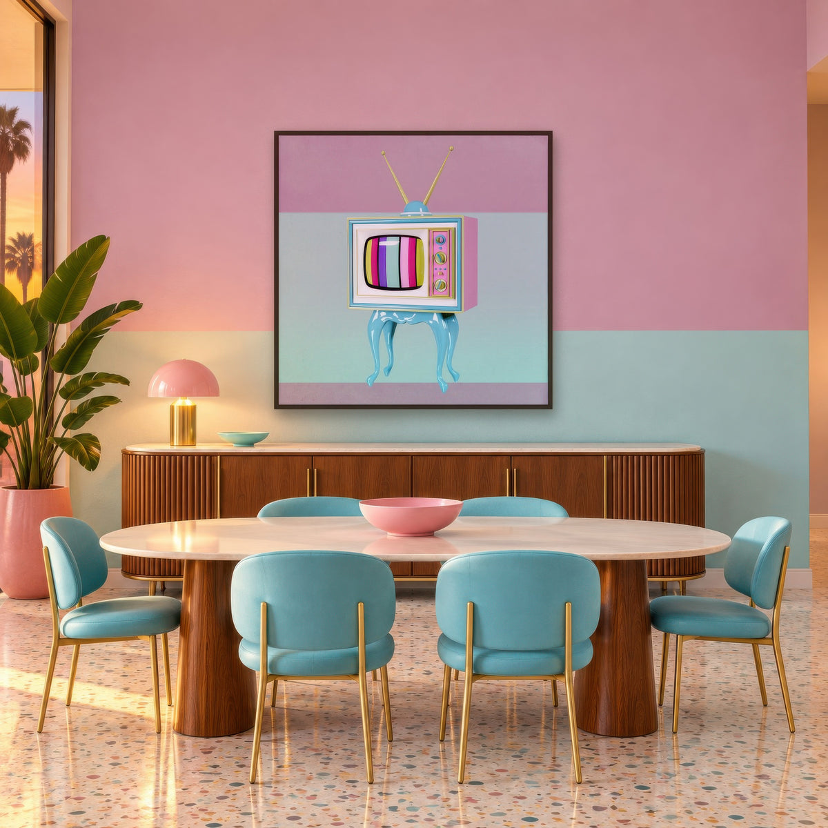 Retro TV Color Bars Illustration mid-century modern wall art in a dining room