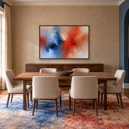 Red and Navy Burst abstract wall art in a dining room