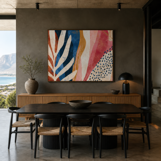 Navy and rust leaf shape artwork above a ribbed sideboard in a dining room with a sea view
