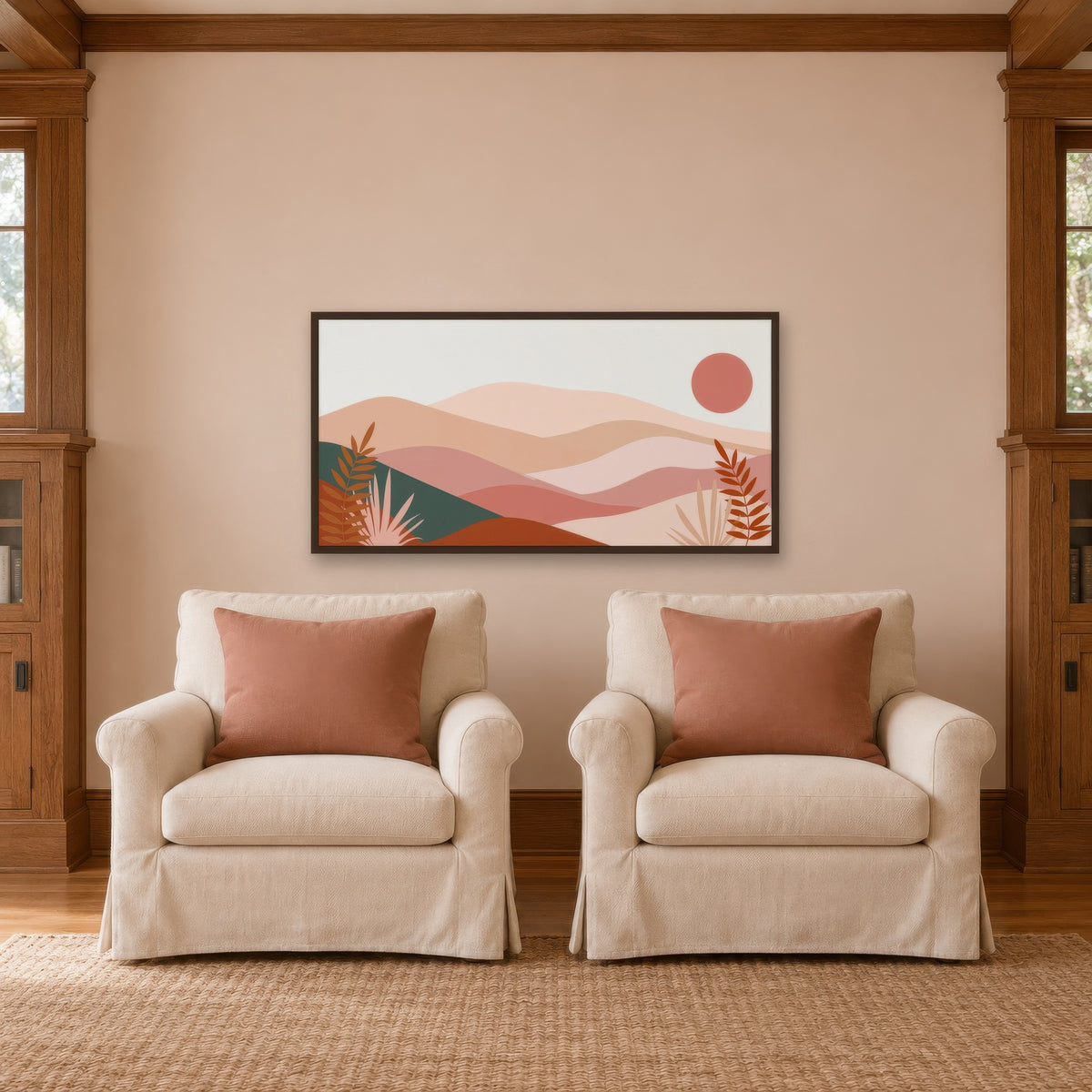 Pink Desert Hills Abstract landscape wall art in a den