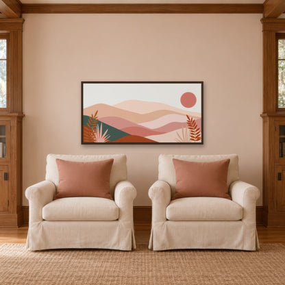 Pink Desert Hills Abstract landscape wall art in a den