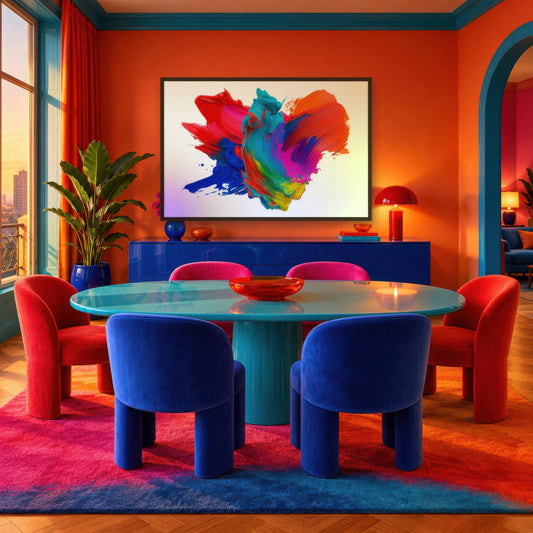 Rainbow Splash Burst dopamine wall art in a dining room
