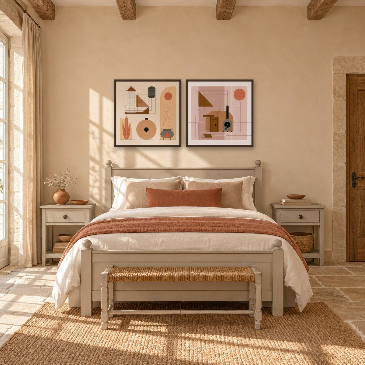 Pastel Geometric Study cottagecore wall art in a bedroom