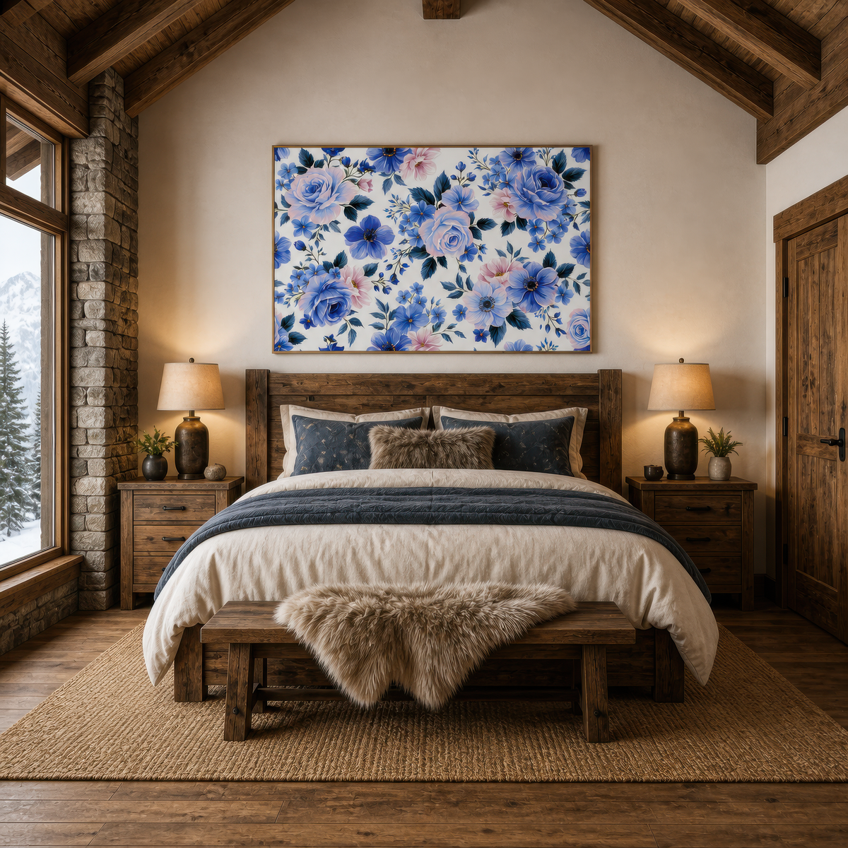 Blue and Pink Rose Pattern – Watercolor Floral Wall Art