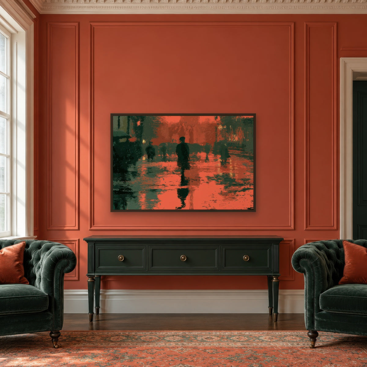Crimson Street at Night impressionist wall art in an entryway