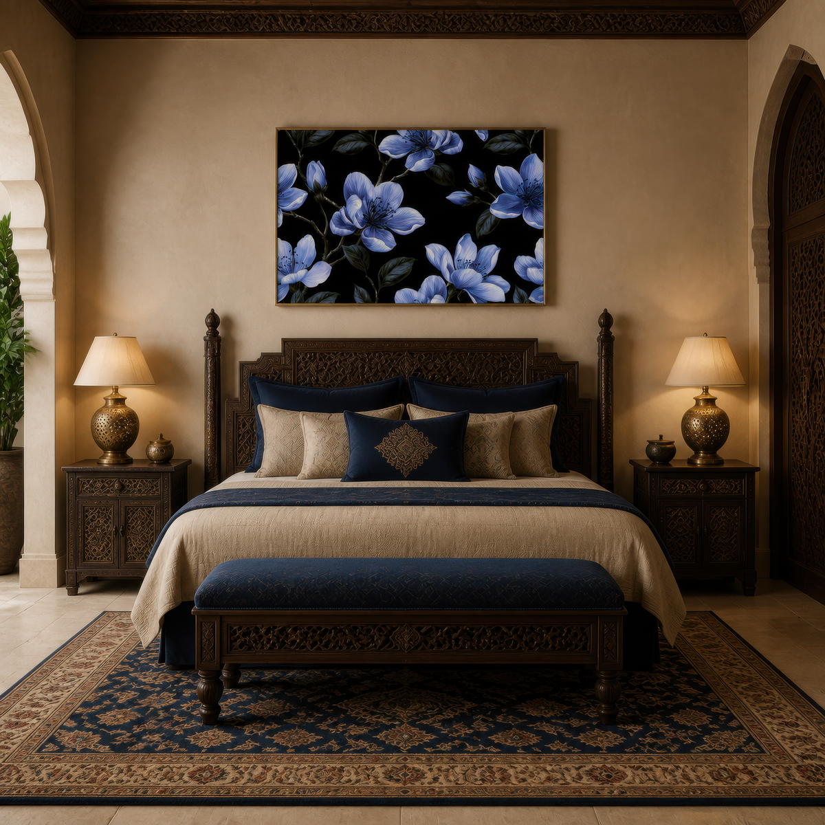 Periwinkle Blossom Pattern on Black – Watercolor Floral Wall Art