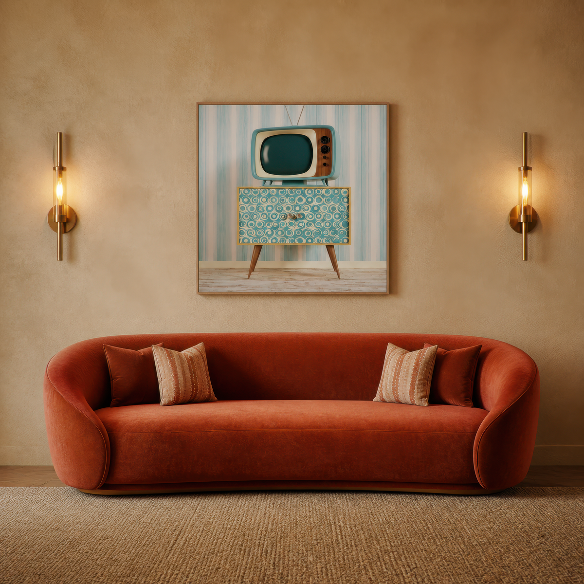 Teal Retro TV on a Patterned Cabinet wall art print staged in a room