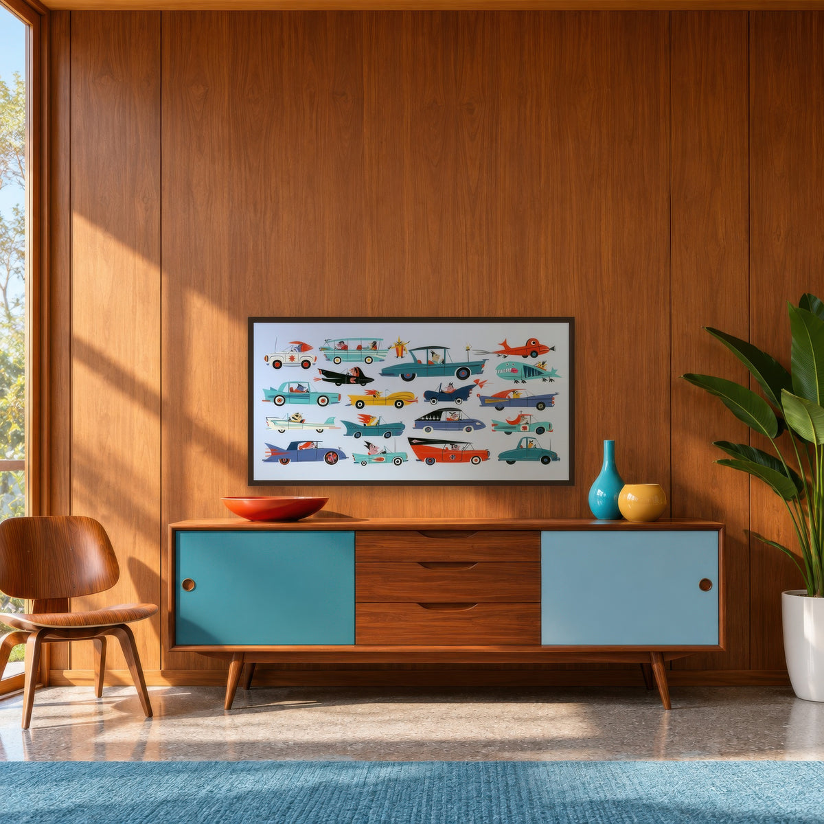 Whimsical Retro Cars Illustration mid-century modern wall art in an entryway