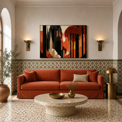 Autumn city deco above a rust sofa on a cream wall with a patterned tile dado