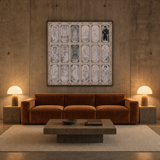 Art Nouveau Figure Panel Grid wall art print staged in a room