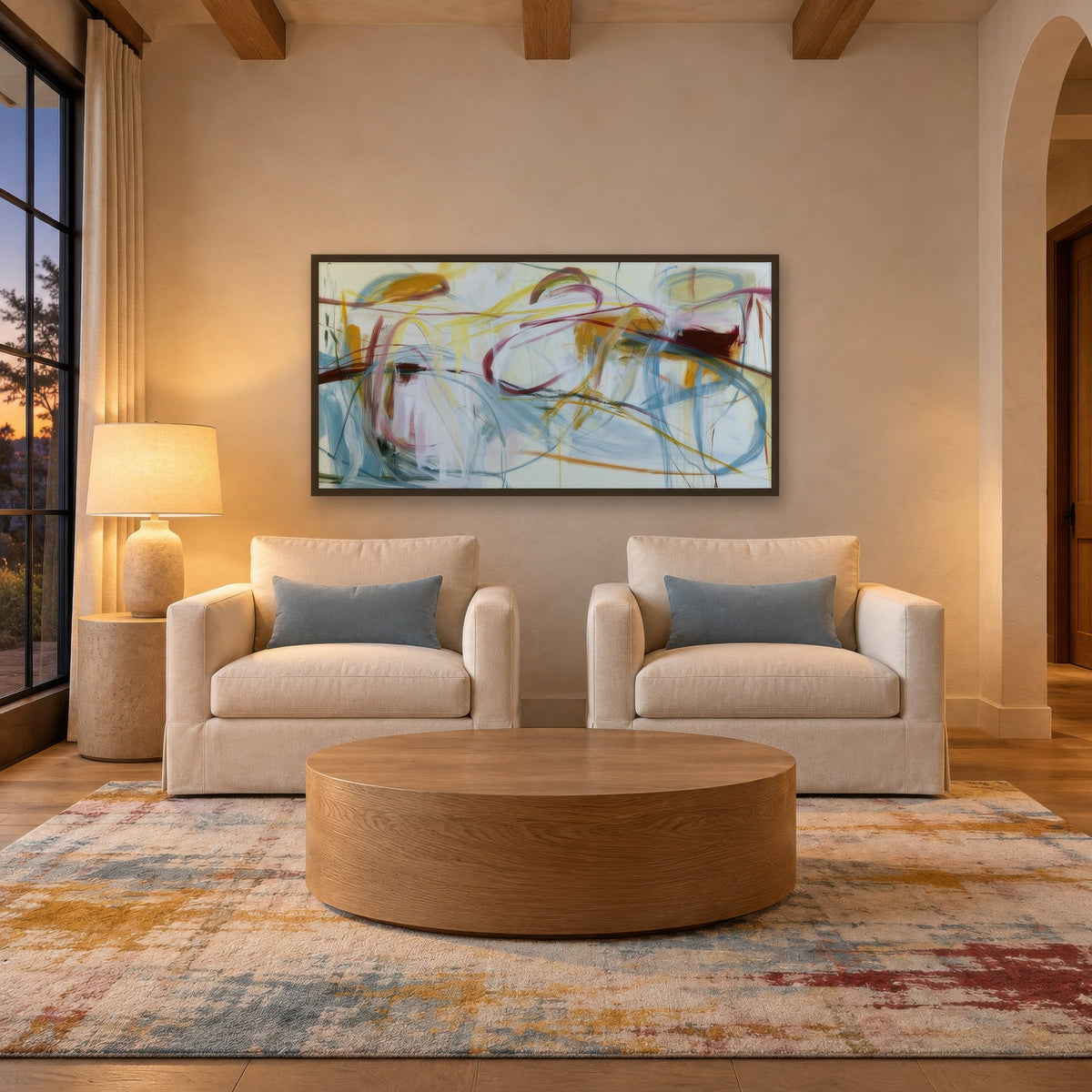 Mustard and Burgundy Loops Abstract wall art in a den