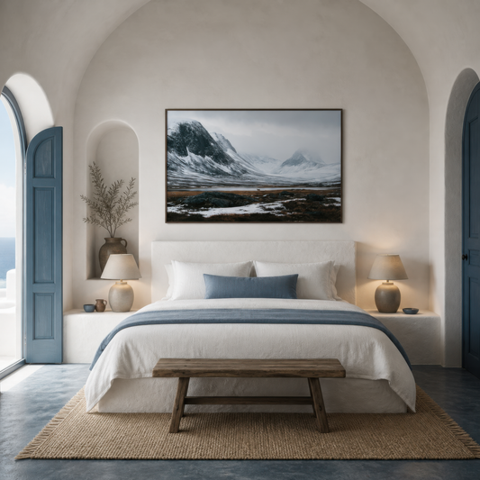 Snowy Mountain Valley with a Lone Deer wall art print, alternate room view