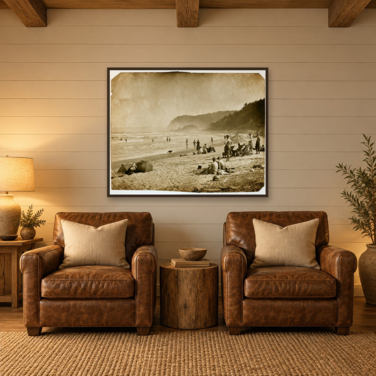 Vintage Style Sepia Beach Scene landscape wall art in a den