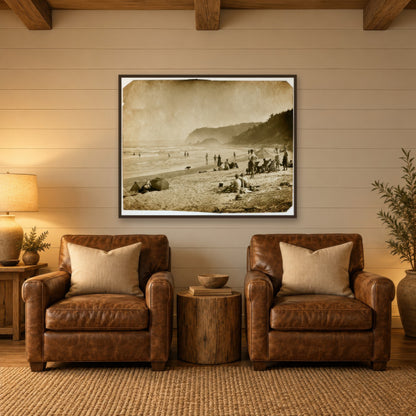 Vintage Style Sepia Beach Scene landscape wall art in a den