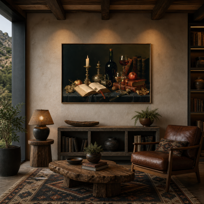 Inkwell reverie above a live edge wood coffee table with a brown leather chair and kilim rug