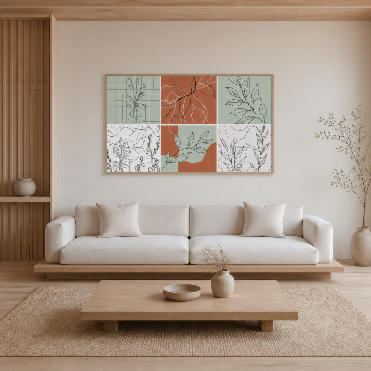 Botanical grid illustration above a white sofa on a plaster wall with pale wood