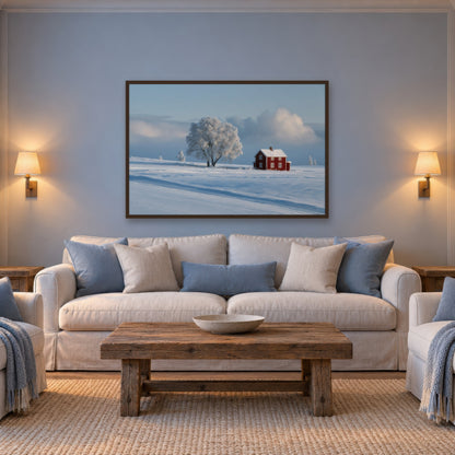 Winter Farmstead in Snow scandinavian wall art in a living room