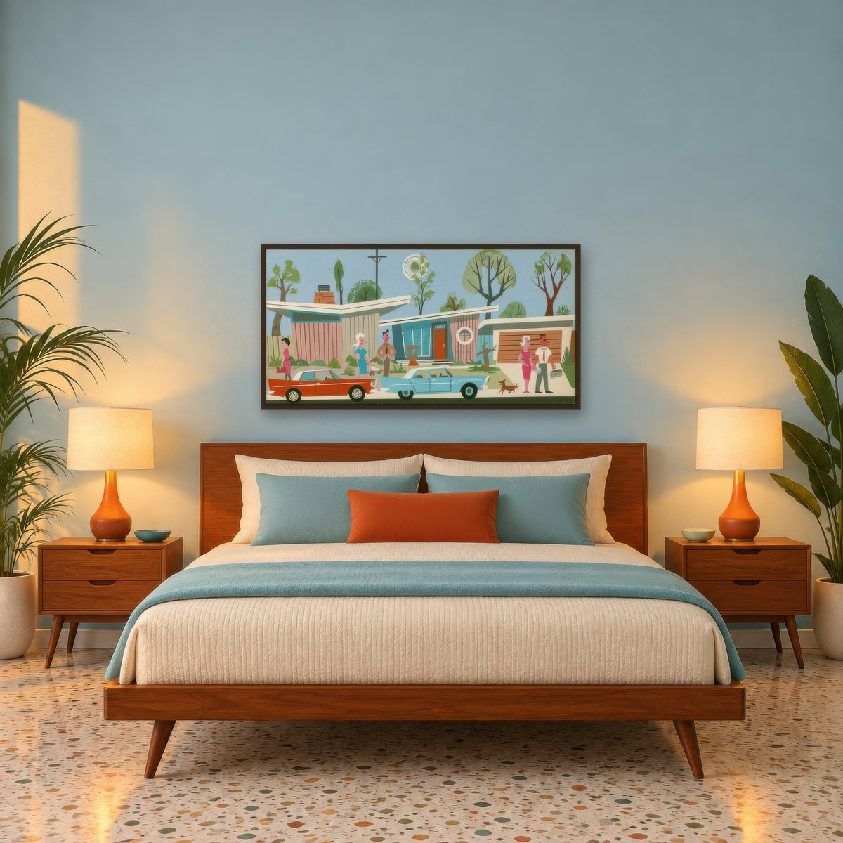 Retro Suburban Neighborhood Illustration mid-century modern wall art in a bedroom