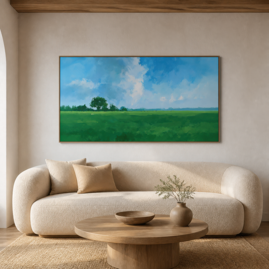 Open green meadow above a cream curved sofa with a round travertine table on plaster