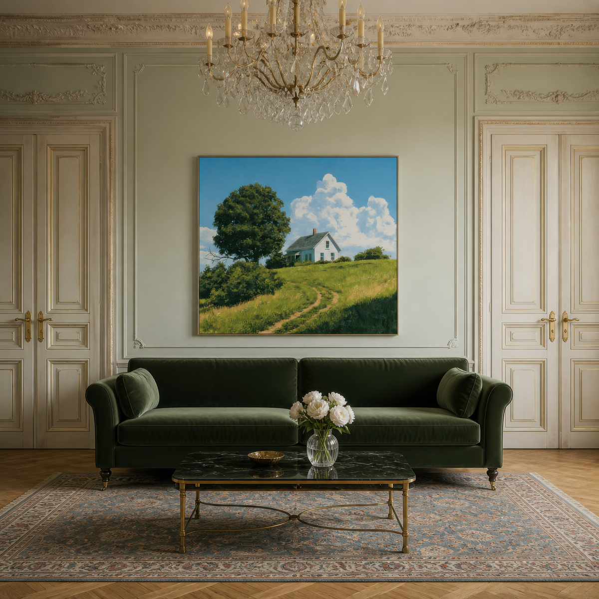 Summer hilltop farmhouse above a dark green velvet sofa under a crystal chandelier