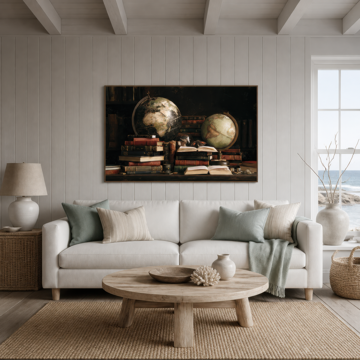 Gothic study above a cream sofa with sage pillows on white shiplap with a sea view