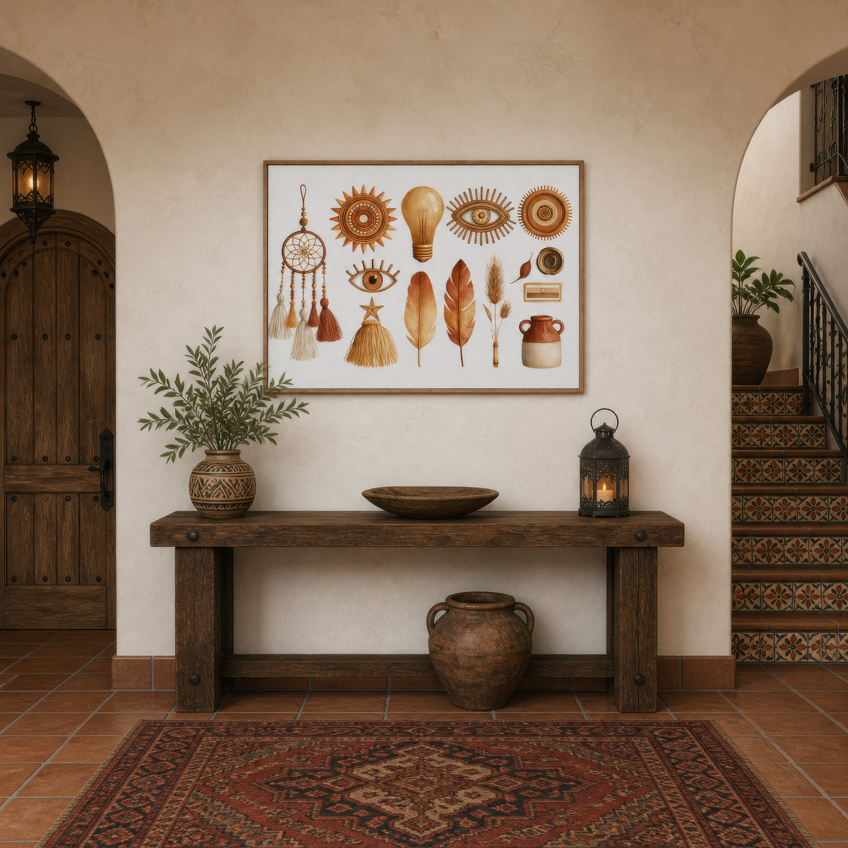 Woven talisman collection above a wood console in a plaster entryway with an arched door