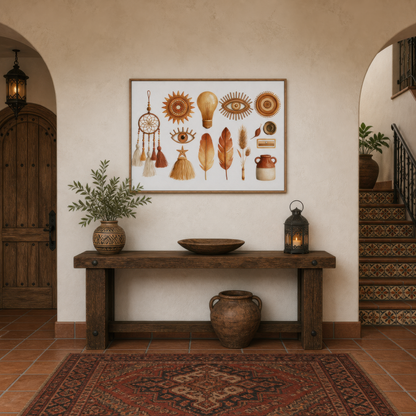 Woven talisman collection above a wood console in a plaster entryway with an arched door