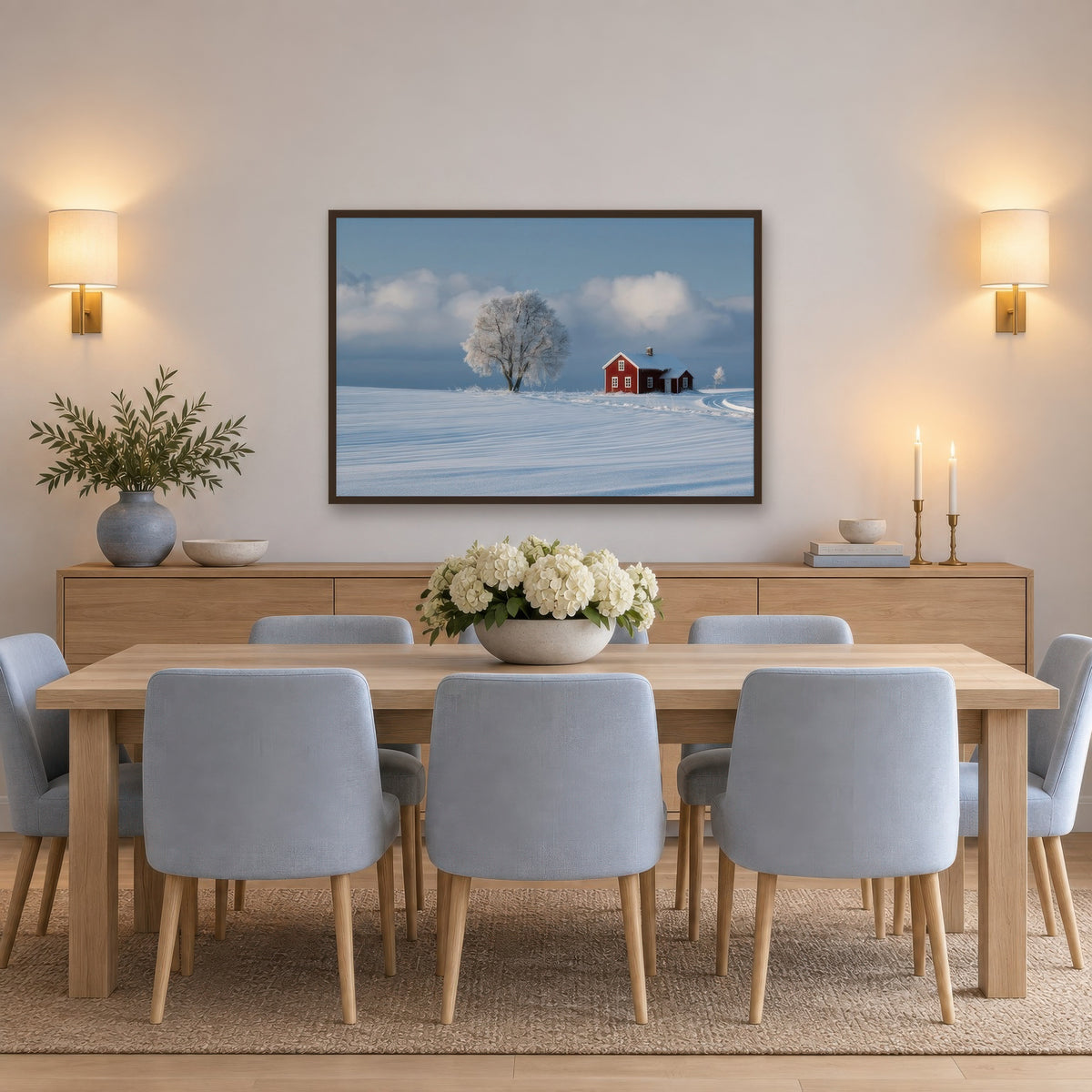 Frosted Tree and Red Cottage scandinavian wall art in a dining room