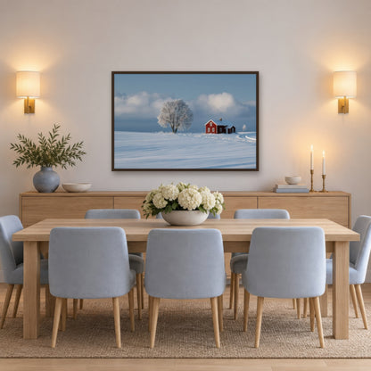 Frosted Tree and Red Cottage scandinavian wall art in a dining room