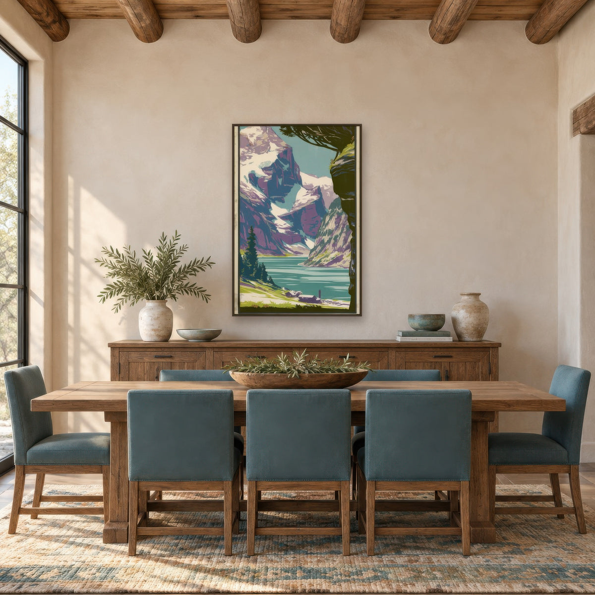 Alpine Lake Retro Poster landscape wall art in a dining room