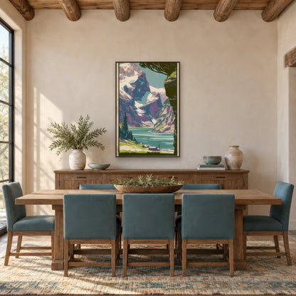 Alpine Lake Retro Poster landscape wall art in a dining room