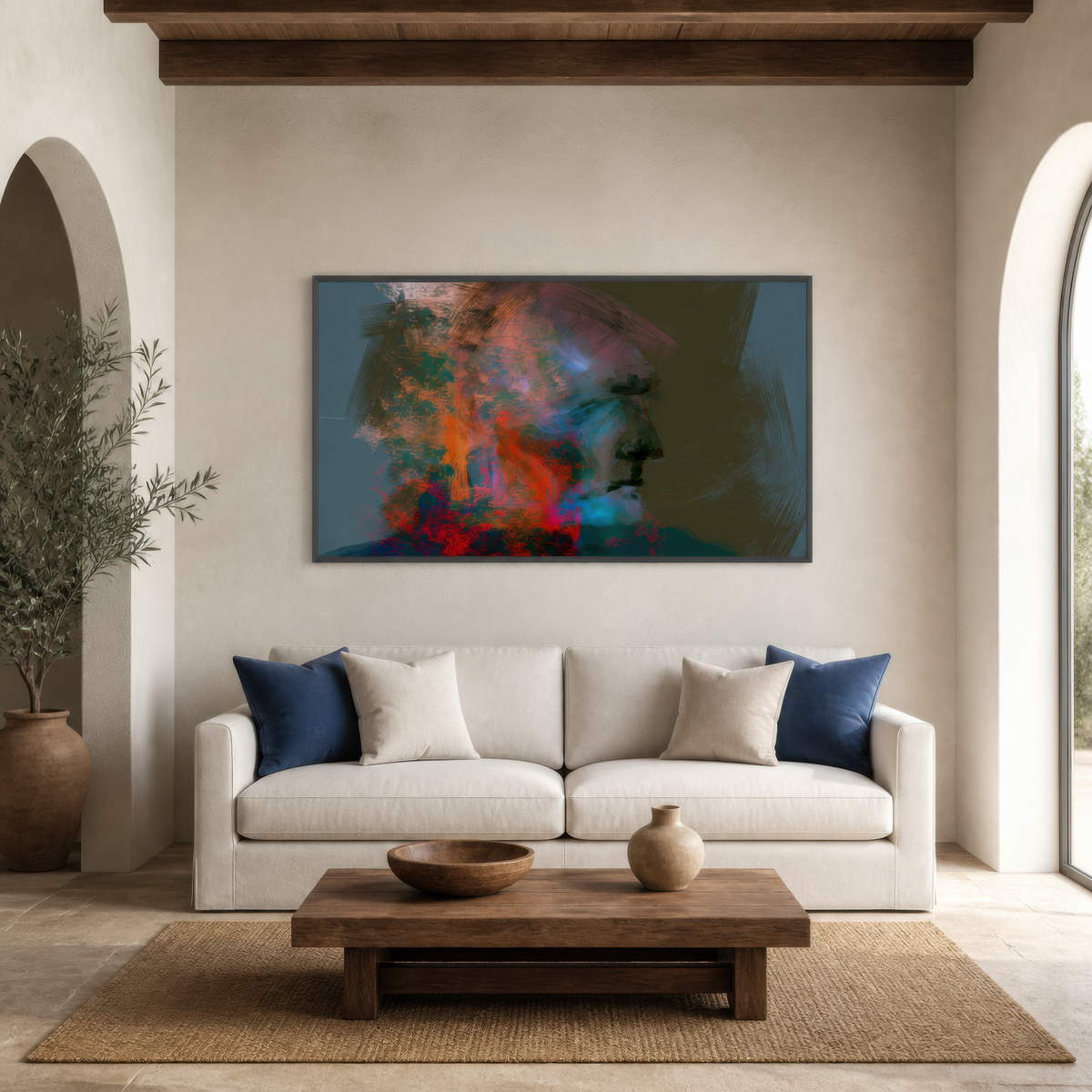 Orange and Teal Profile wall art staged in a living room