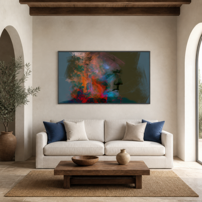 Orange and Teal Profile wall art staged in a living room