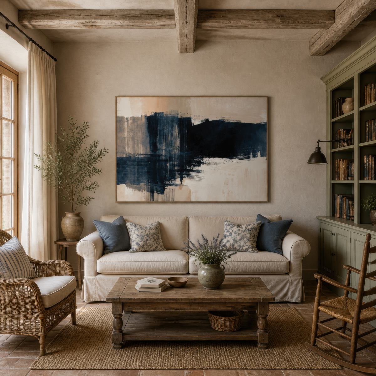 Indigo brushstroke horizon above a cream sofa with a glazed cabinet and a cane chair