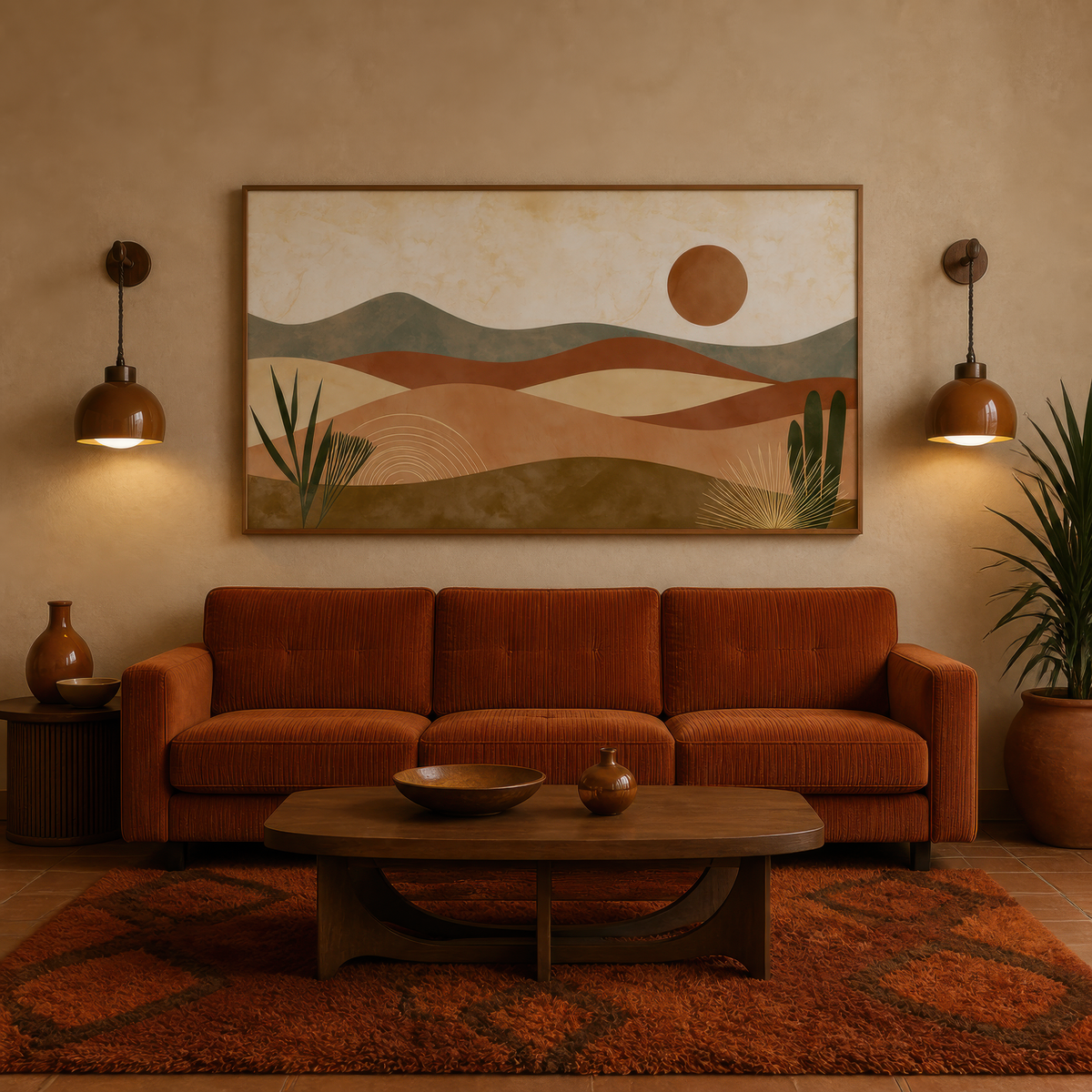Terracotta desert waves above a rust orange sofa with two brass wall sconces