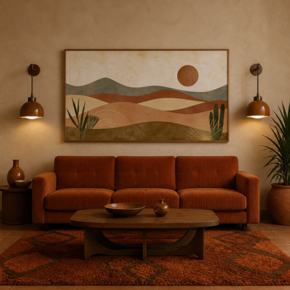 Terracotta desert waves above a rust orange sofa with two brass wall sconces