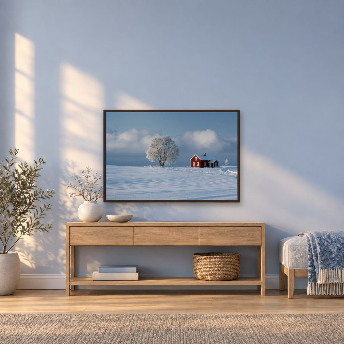 Frosted Tree and Red Cottage scandinavian wall art in an entryway