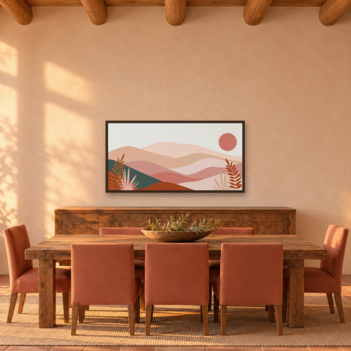 Pink Desert Hills Abstract landscape wall art in a dining room