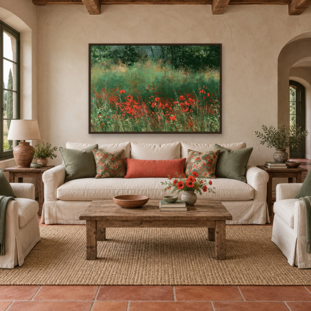 Wild Poppy Meadow impressionist wall art in a living room