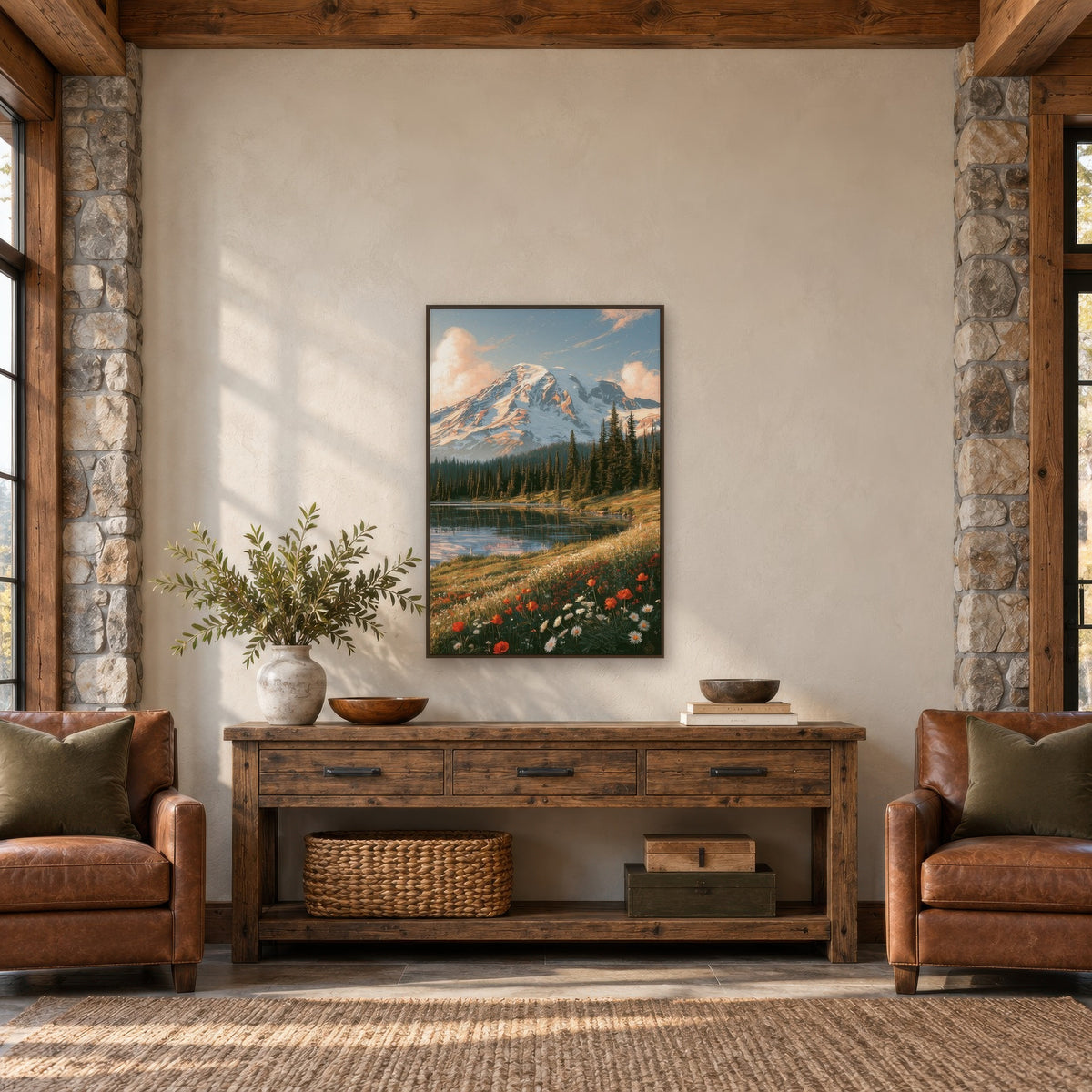 Snowy Peak Wildflower Meadow national park wall art in an entryway