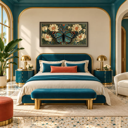 Jade Butterfly Motif art deco wall art in a bedroom