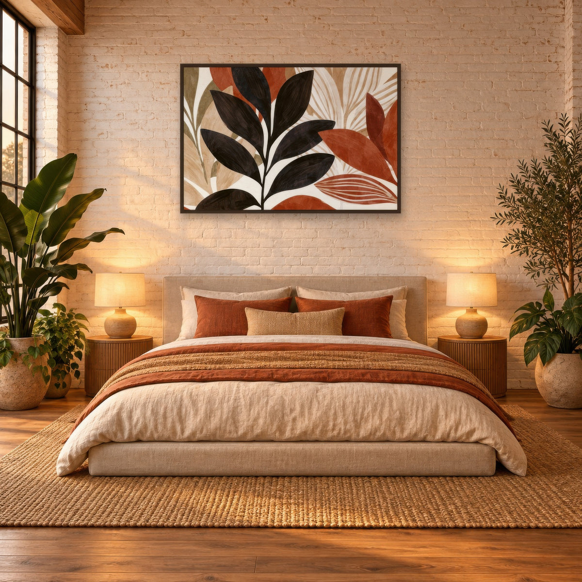 Botanical Study in Charcoal and Rust boho wall art in a bedroom