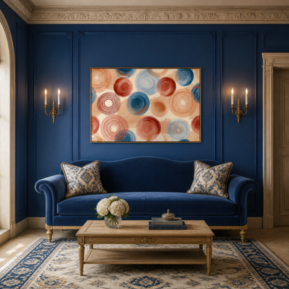 Spiralling circles artwork above a navy sofa on a navy panelled wall with brass sconces
