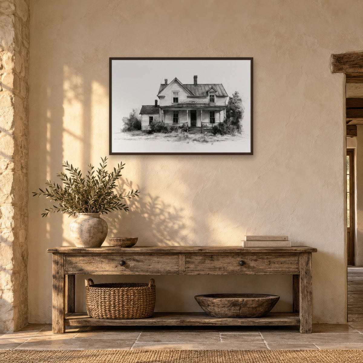 Abandoned Farmhouse Sketch farmhouse wall art in an entryway